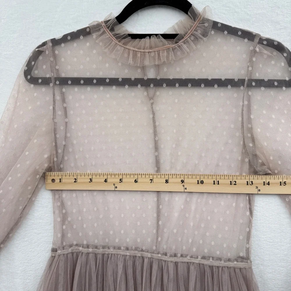 BooHoo Midi Long Sleeve Dress Tule Tiered Size 8‎ Tan Lace Sheer Romantic - Picture 11 of 13